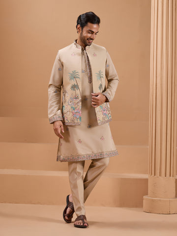 Beige Color Embroidered and Sequence Mens Kurta Jacket and Pant Set