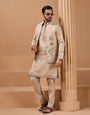 Beige Color Embroidered and Sequence Mens Kurta Jacket and Pant Set