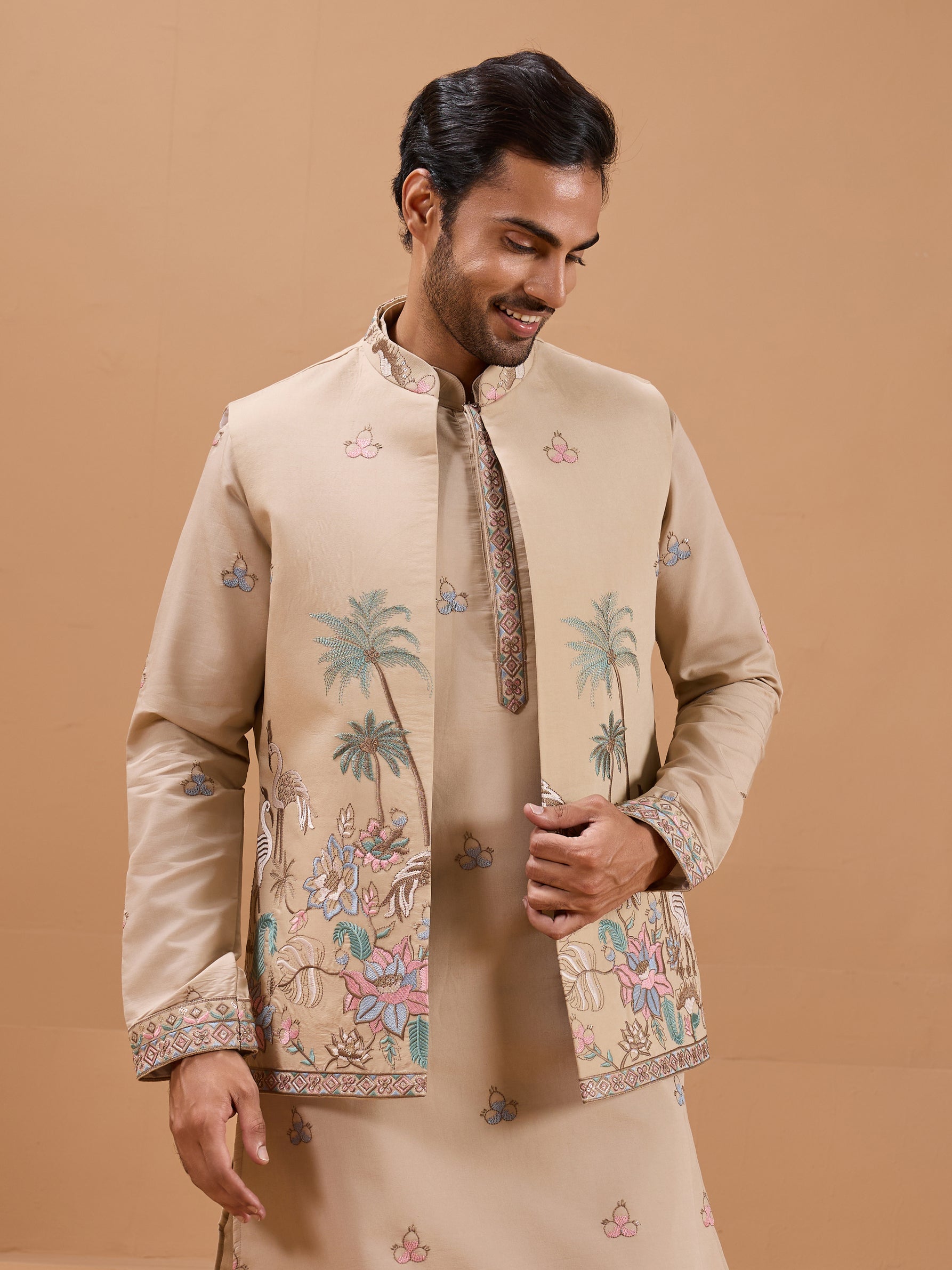 Beige Color Embroidered and Sequence Mens Kurta Jacket and Pant Set
