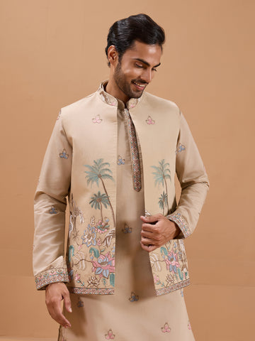 Beige Color Embroidered and Sequence Mens Kurta Jacket and Pant Set