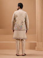 Beige Color Embroidered and Sequence Mens Kurta Jacket and Pant Set