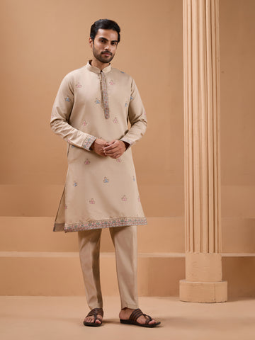 Beige Color Embroidered and Sequence Mens Kurta Jacket and Pant Set