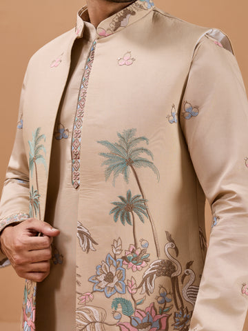Beige Color Embroidered and Sequence Mens Kurta Jacket and Pant Set