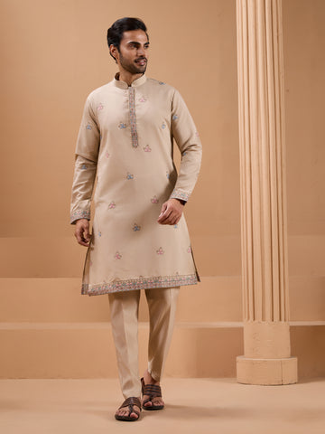 Beige Color Embroidered and Sequence Mens Kurta Jacket and Pant Set