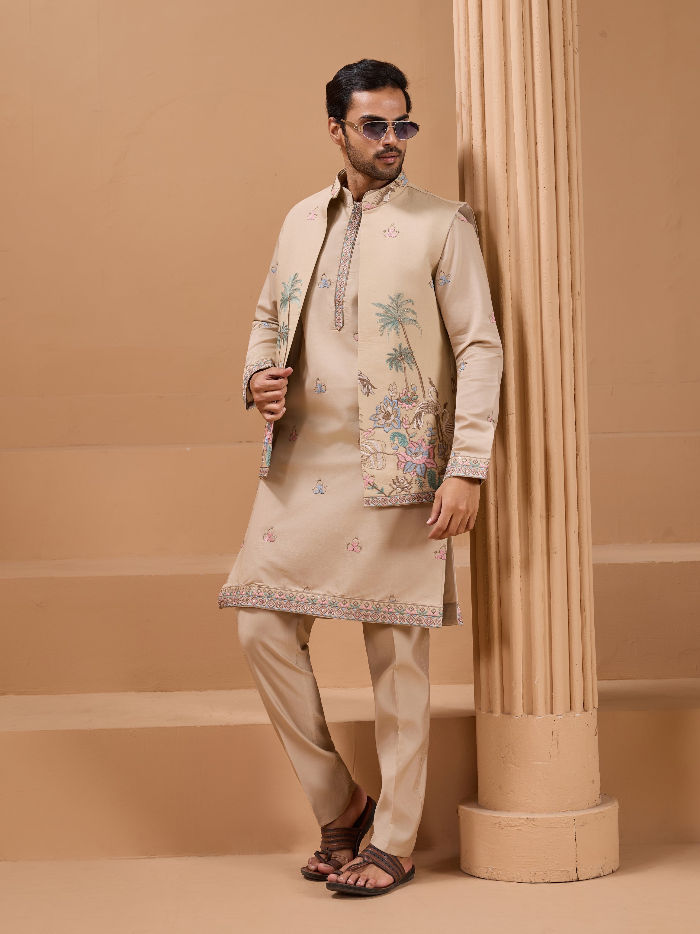 Beige Color Embroidered and Sequence Mens Kurta Jacket and Pant Set
