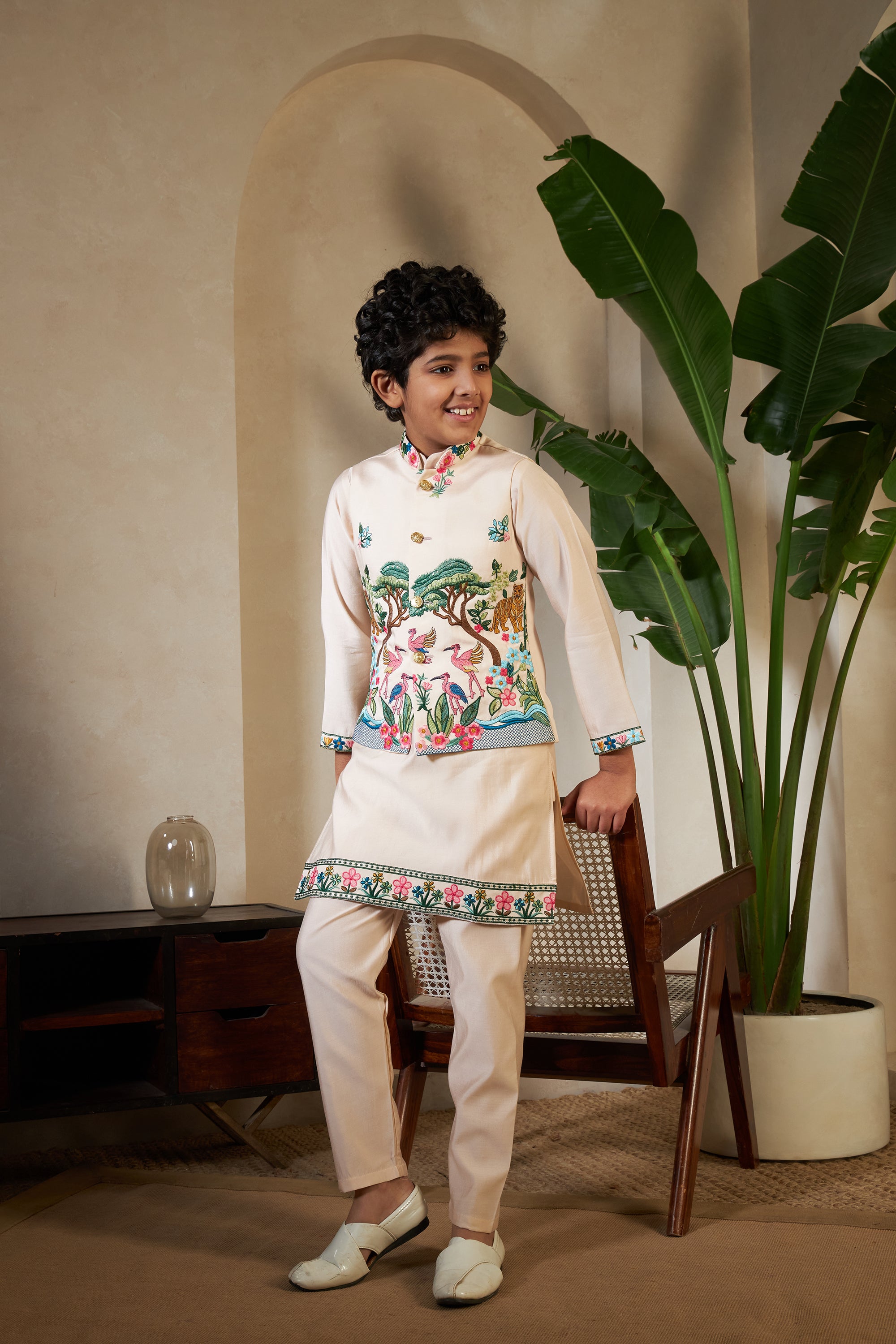 Beige Viscose Silk Embroidered Kurta with Koti Set for Kids