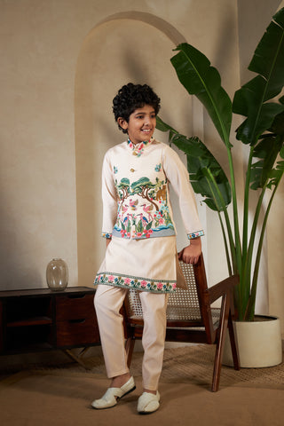 Beige Viscose Silk Embroidered Kurta with Koti Set for Kids