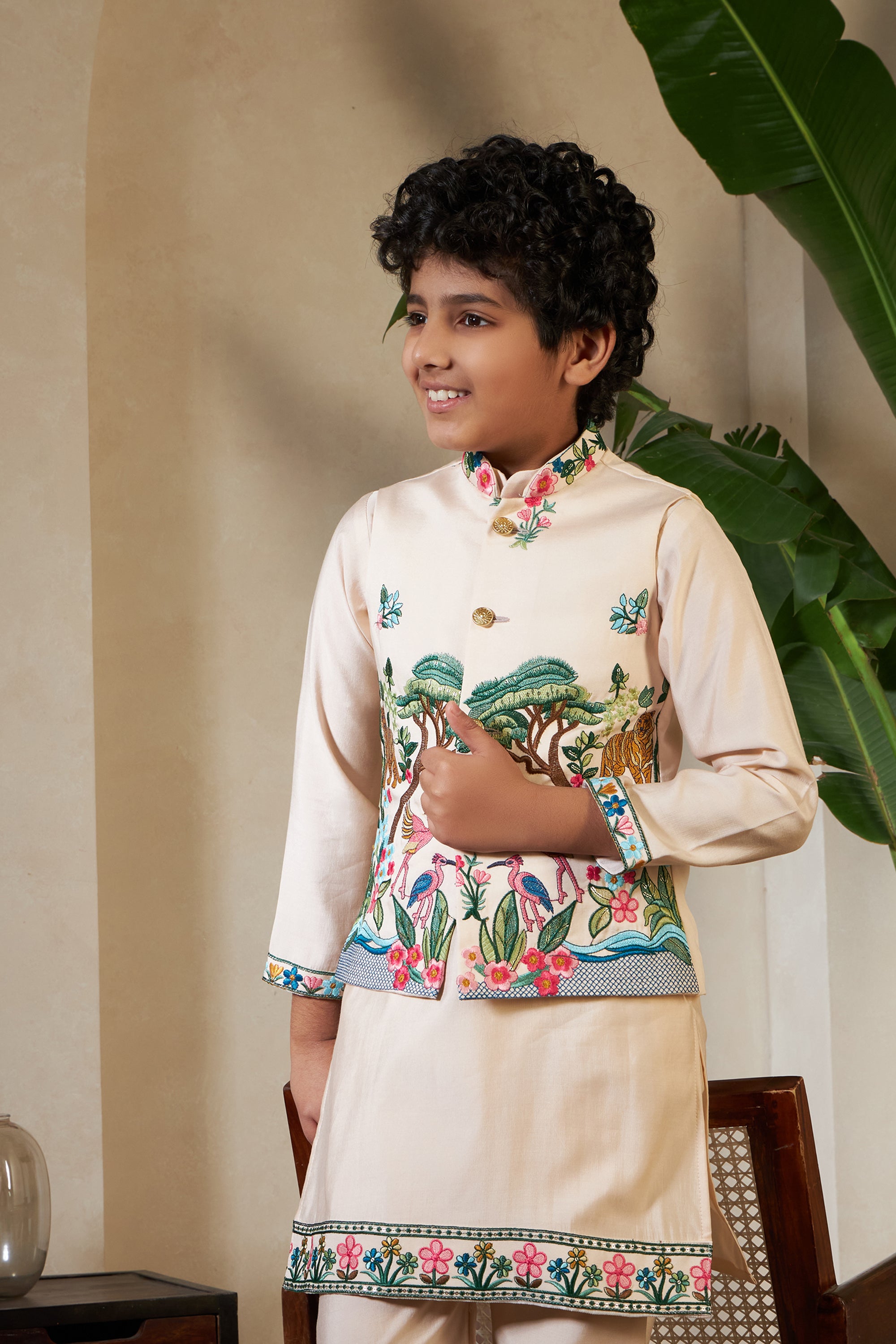 Beige Viscose Silk Embroidered Kurta with Koti Set for Kids
