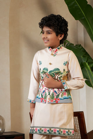 Beige Viscose Silk Embroidered Kurta with Koti Set for Kids

