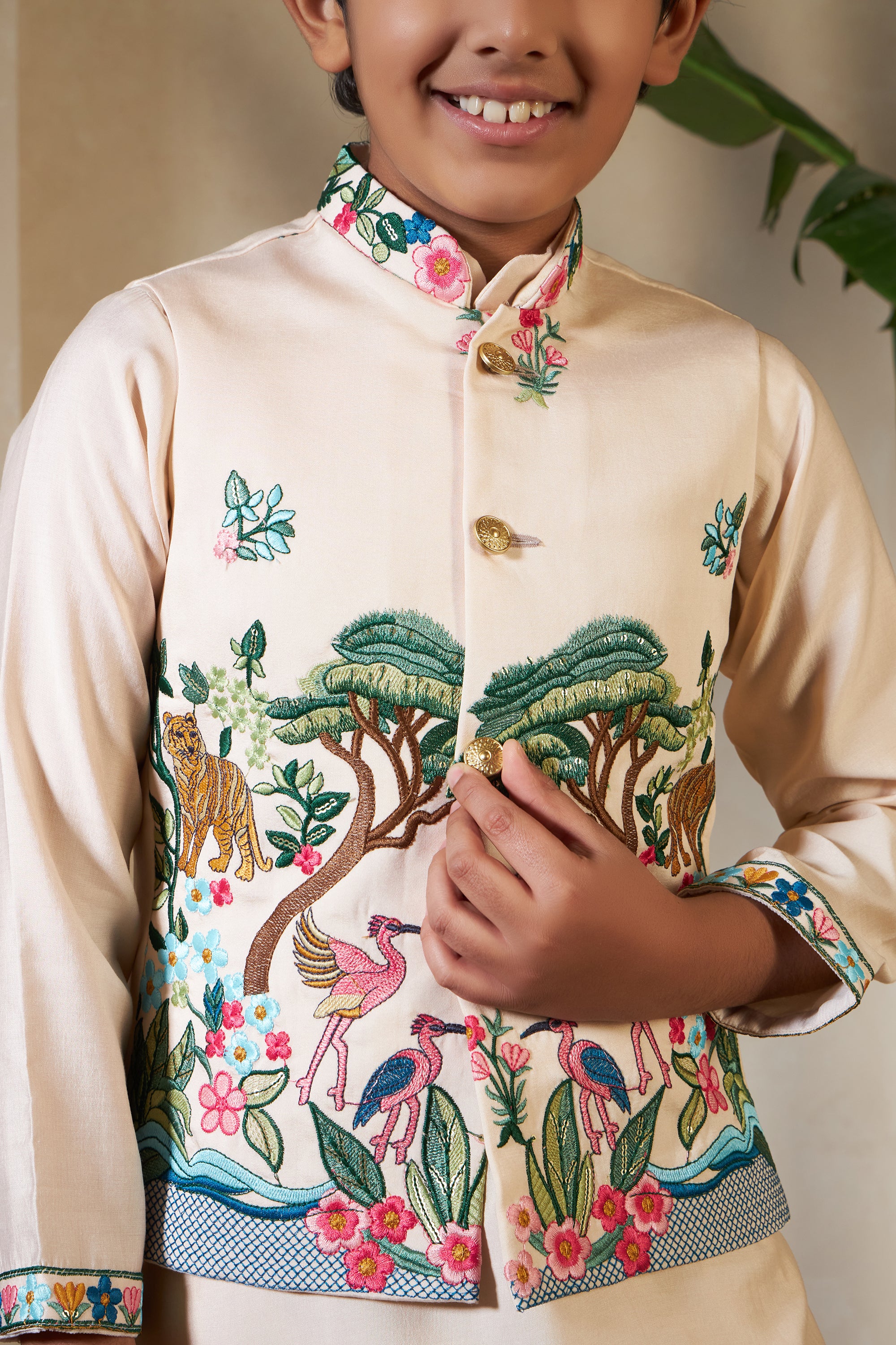 Beige Viscose Silk Embroidered Kurta with Koti Set for Kids
