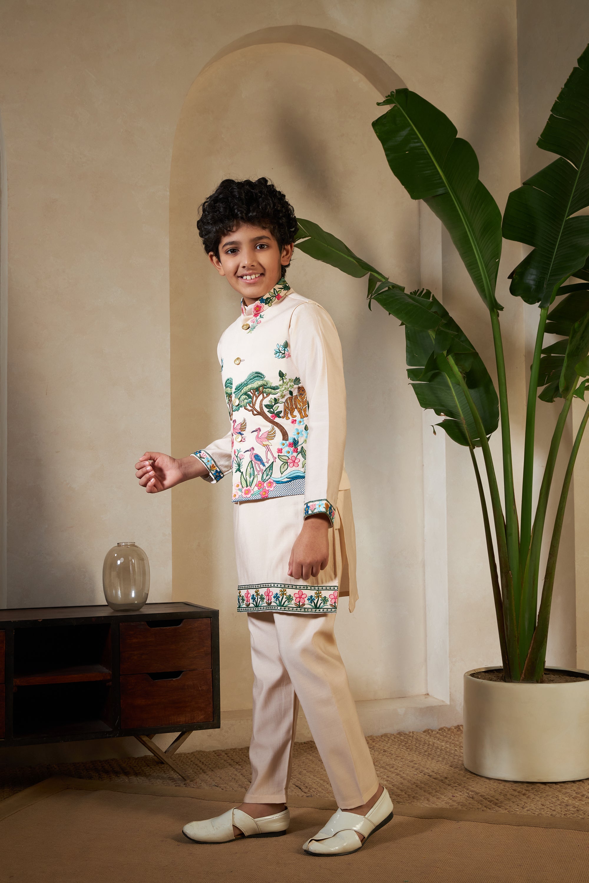 Beige Viscose Silk Embroidered Kurta with Koti Set for Kids
