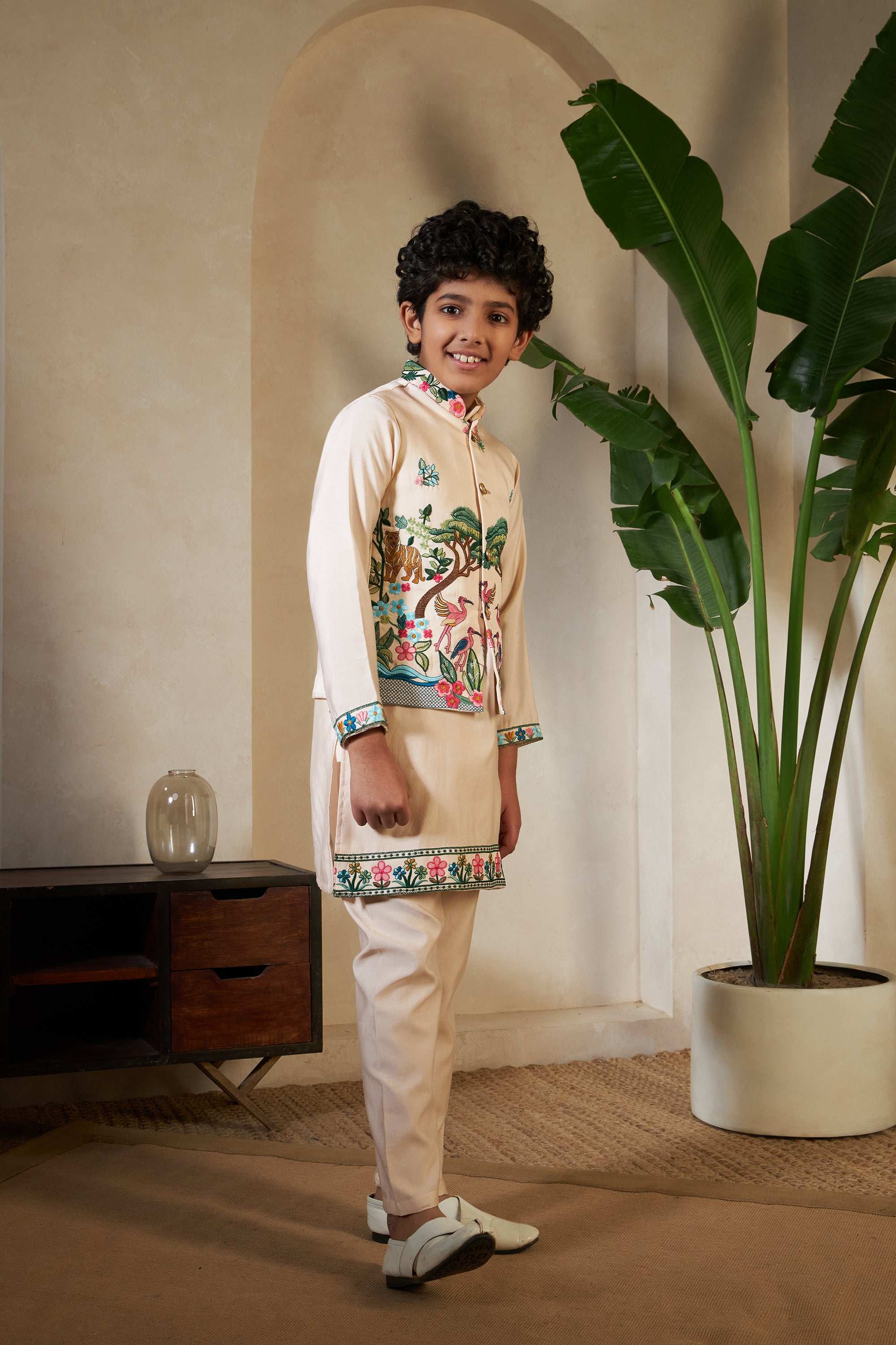 Beige Viscose Silk Embroidered Kurta with Koti Set for Kids
