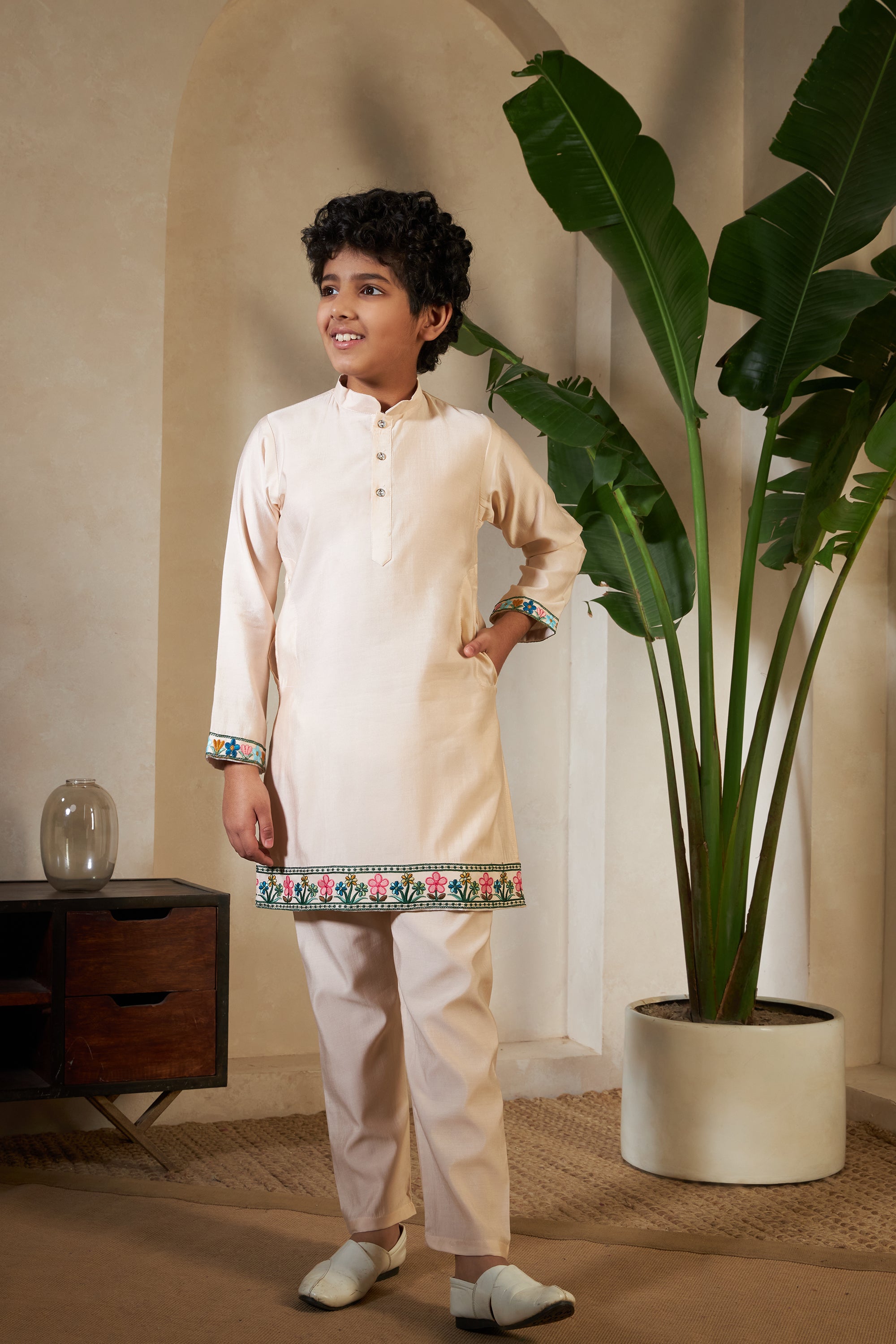 Beige Viscose Silk Embroidered Kurta with Koti Set for Kids

