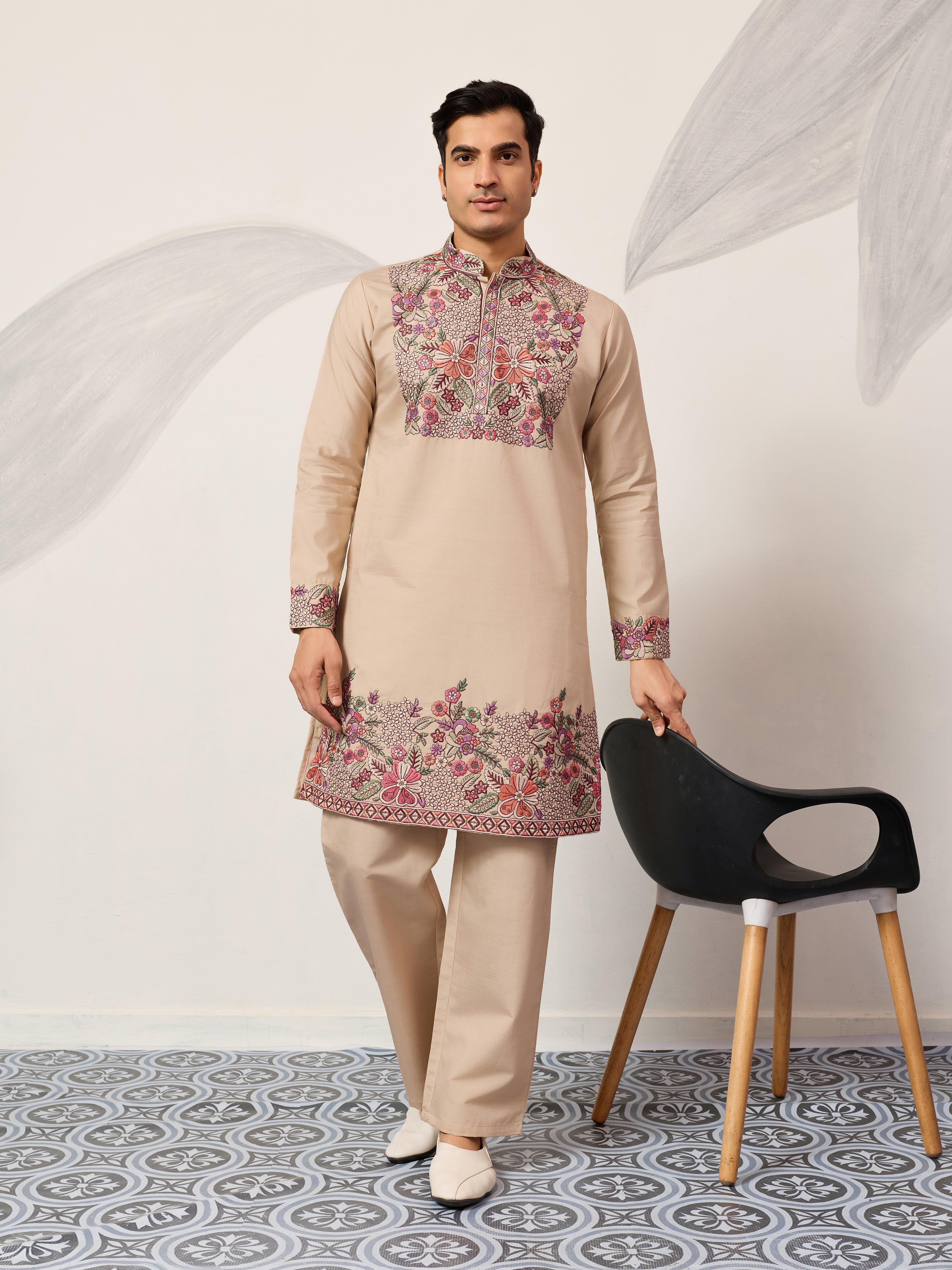 Beige Color Kurta Pant Set for Mens Traditional Outfit