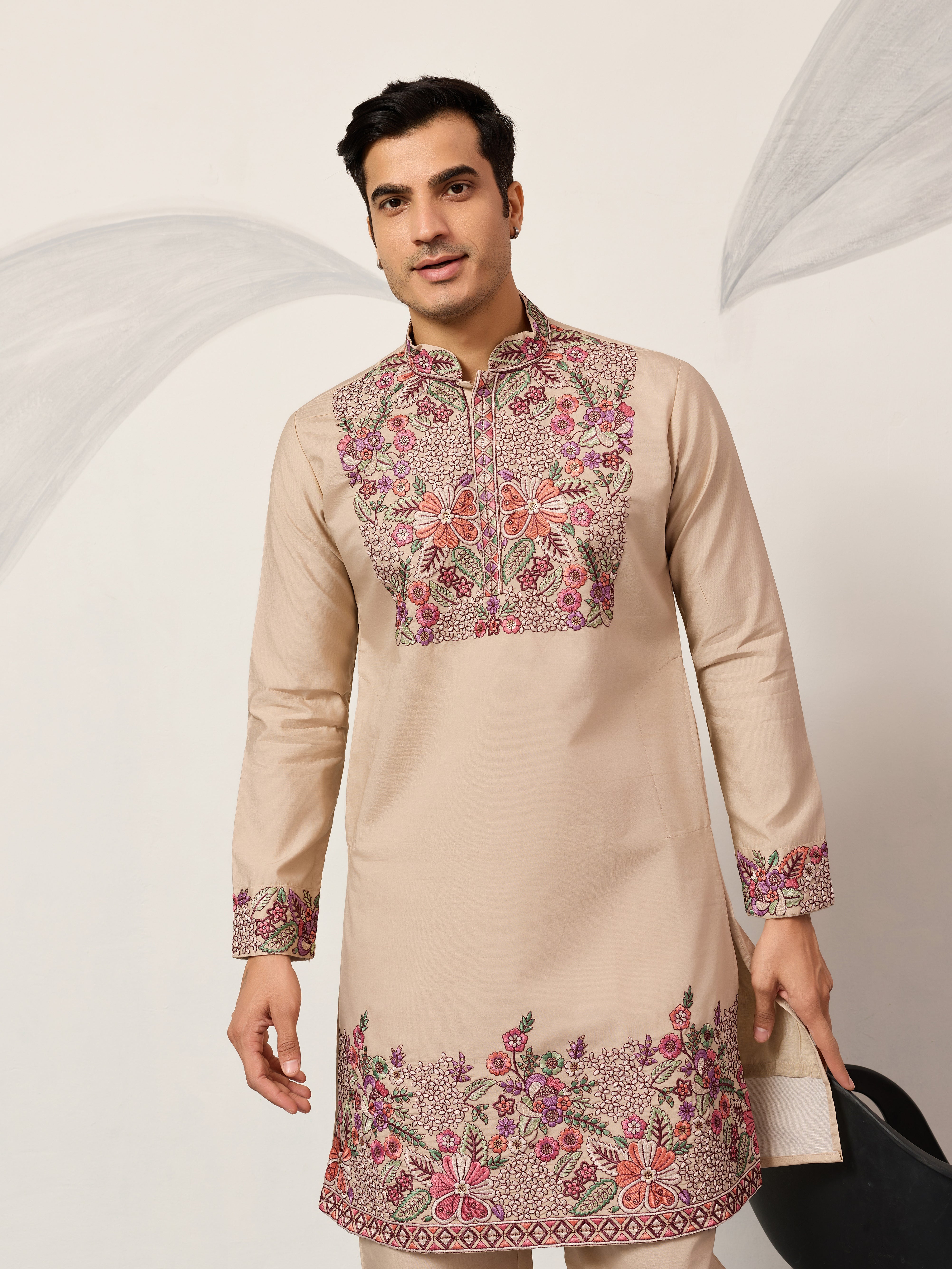 Beige Color Kurta Pant Set for Mens Traditional Outfit