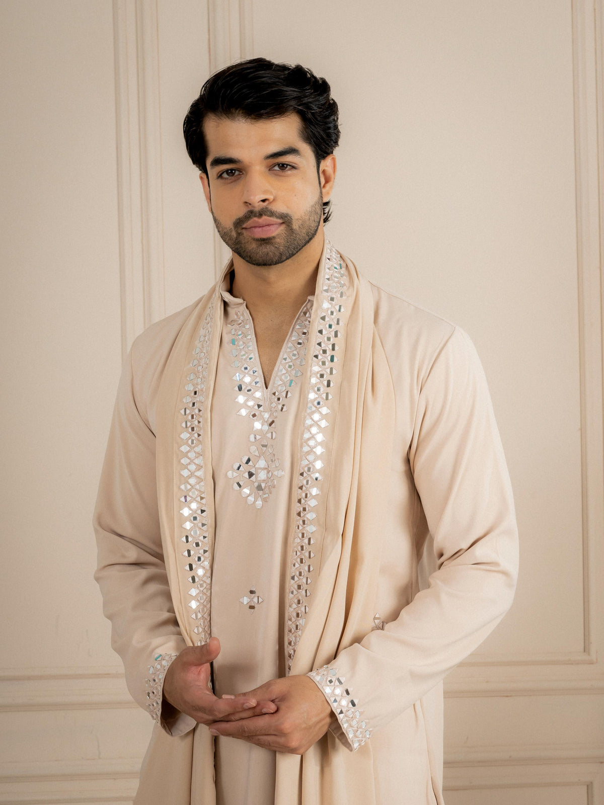 Beige Armani Lachka Mirror Kurta Dupatta Set | Tulip Designer
