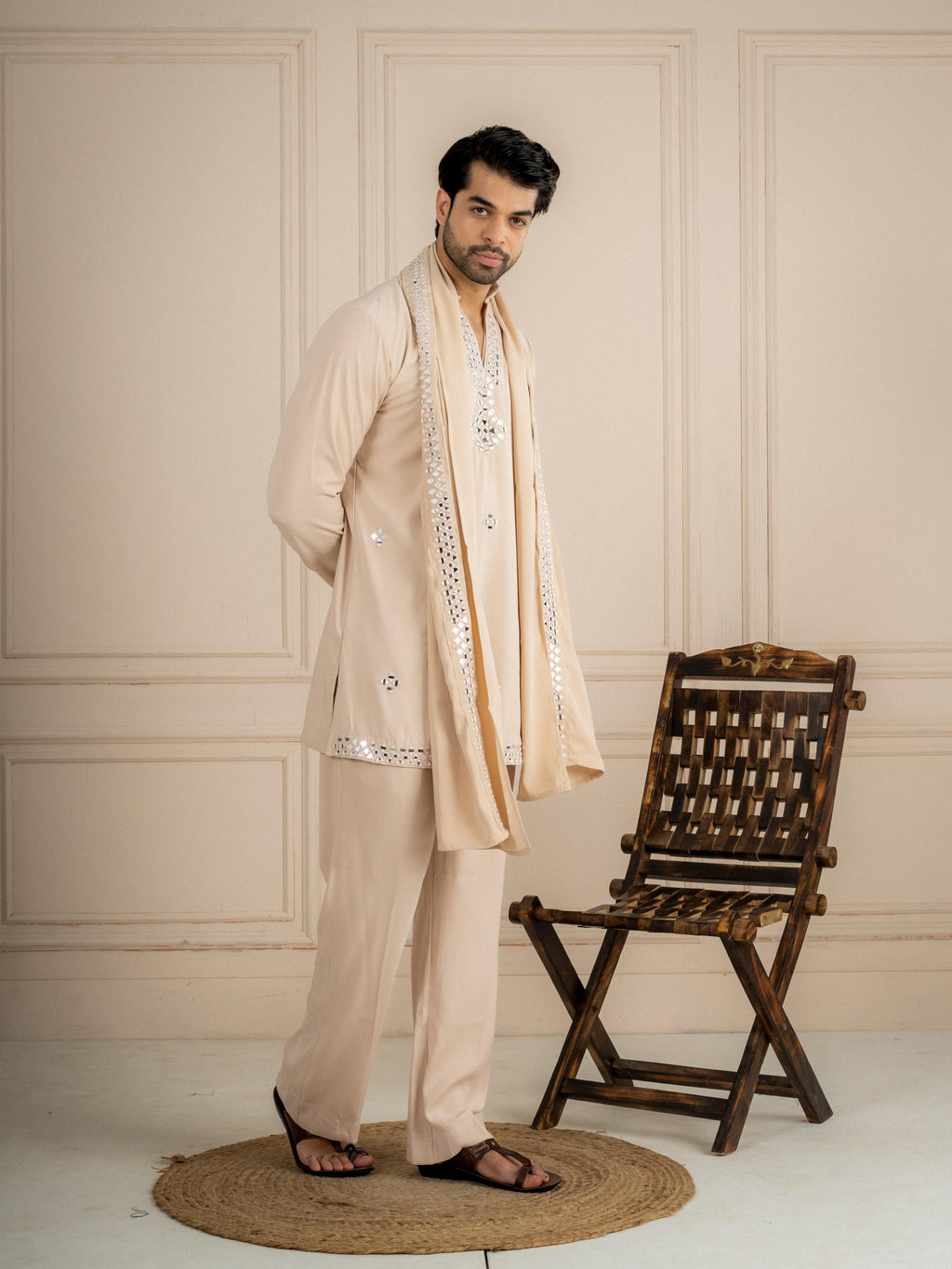 Beige Armani Lachka Mirror Kurta Dupatta Set | Tulip Designer
