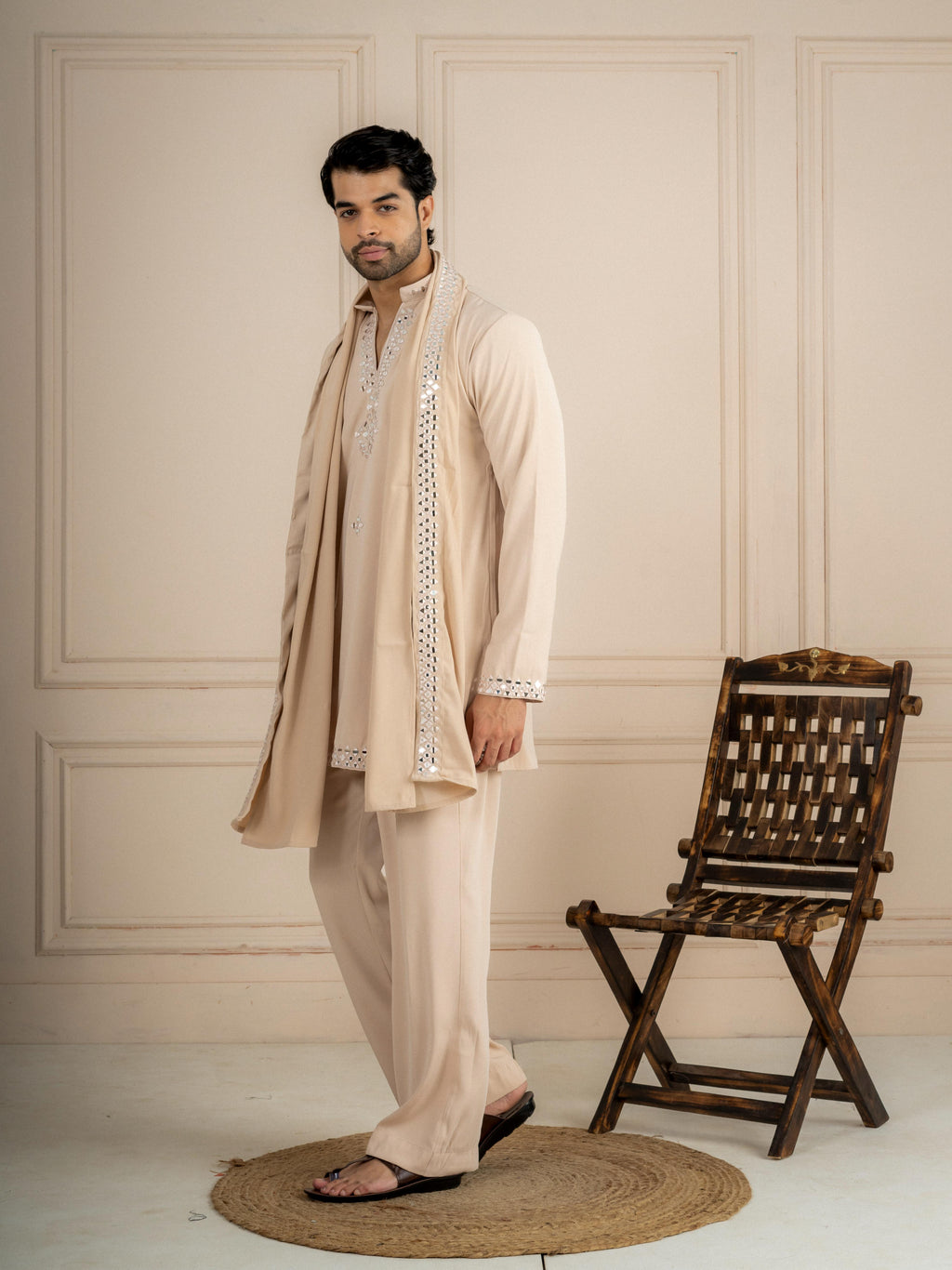 Beige Armani Lachka Mirror Kurta Dupatta Set | Tulip Designer
