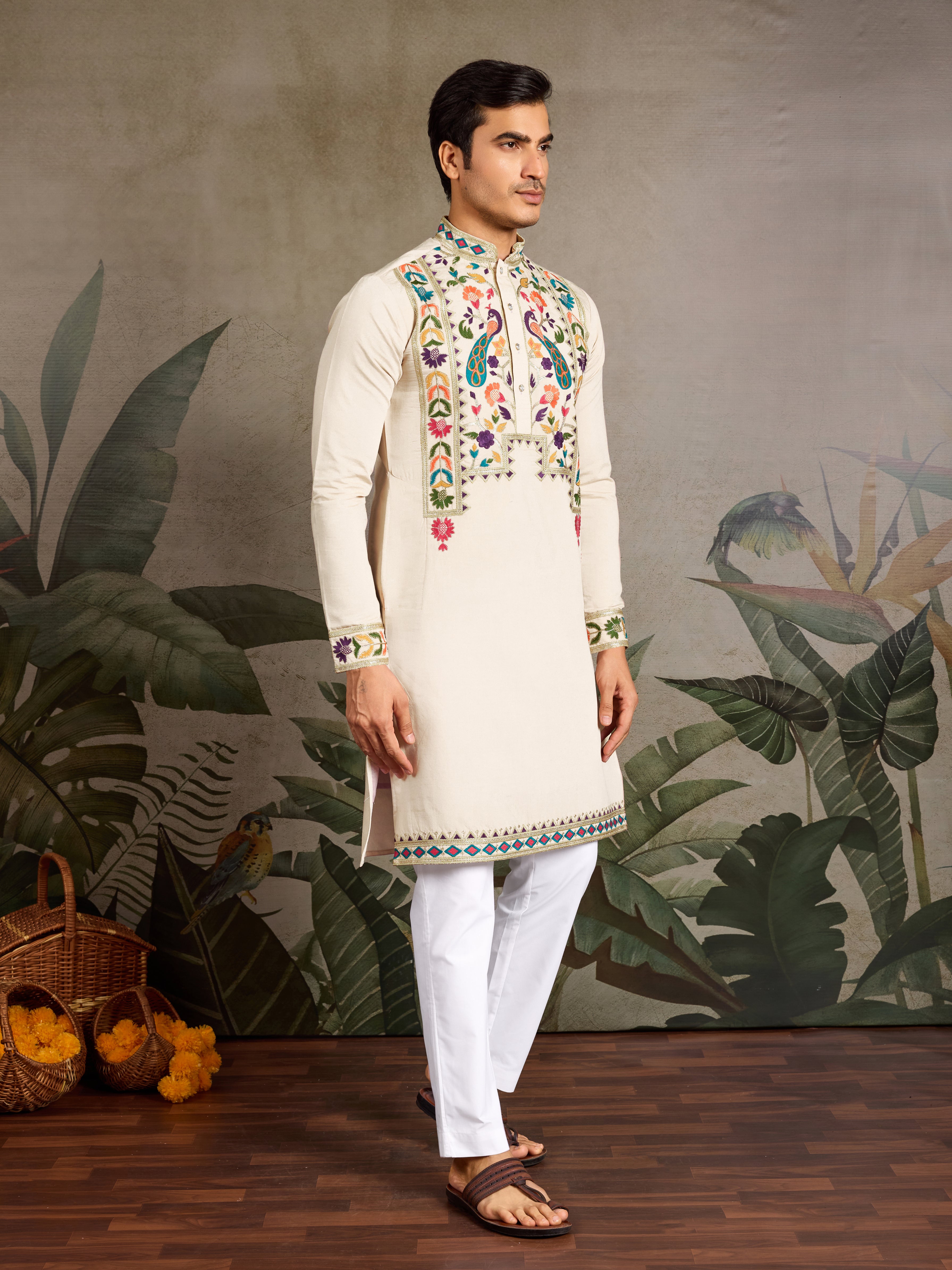 Beige Color Special Embroidered Kurta for Mens Wear