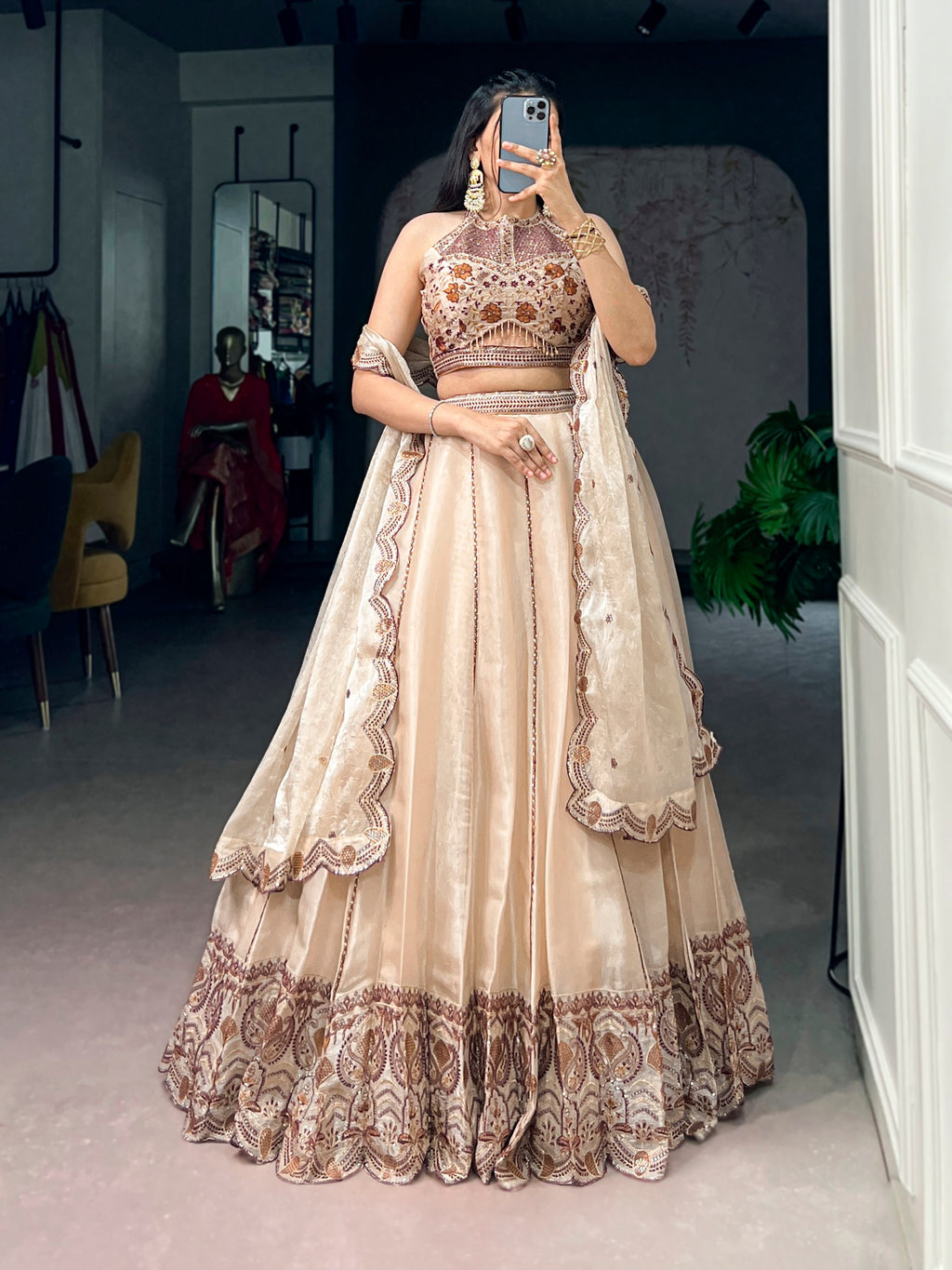 Traditional Beige Spider Crush Embroidered Lehenga Set for Special Occasions
