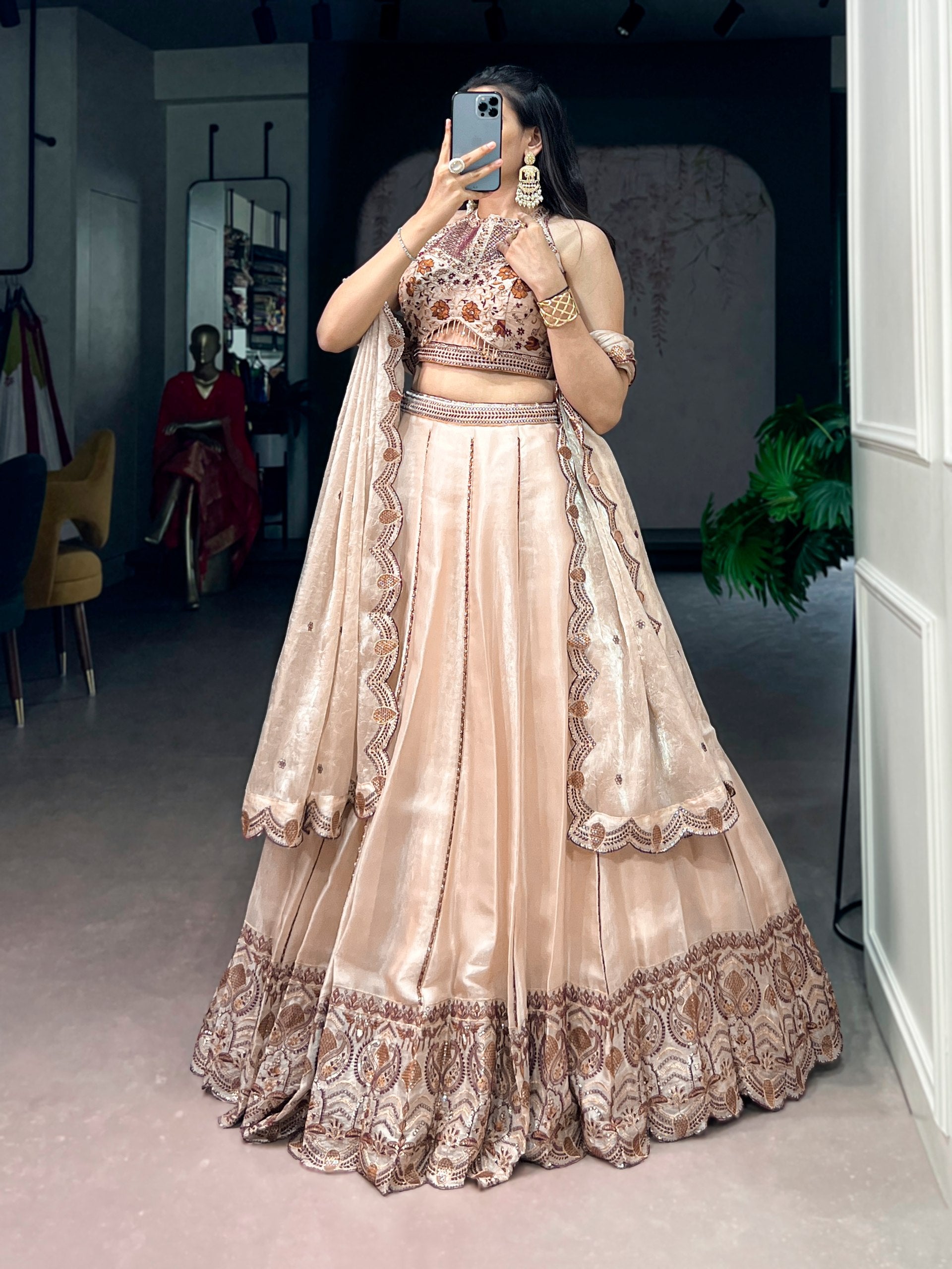 Traditional Beige Spider Crush Embroidered Lehenga Set for Special Occasions
