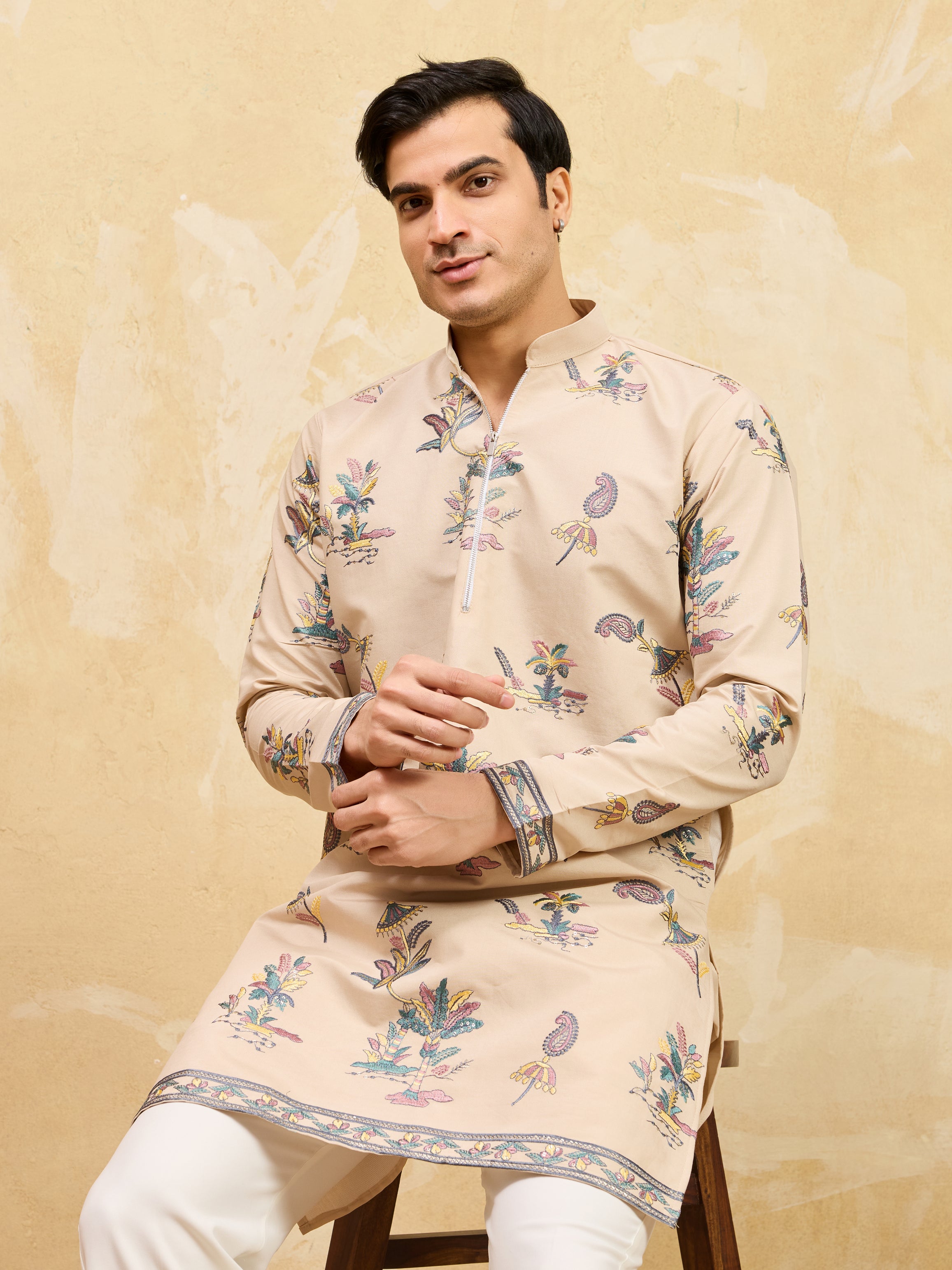 Graceful Beige Viscose Silk Kurta and Pant Set for Special Occasions
