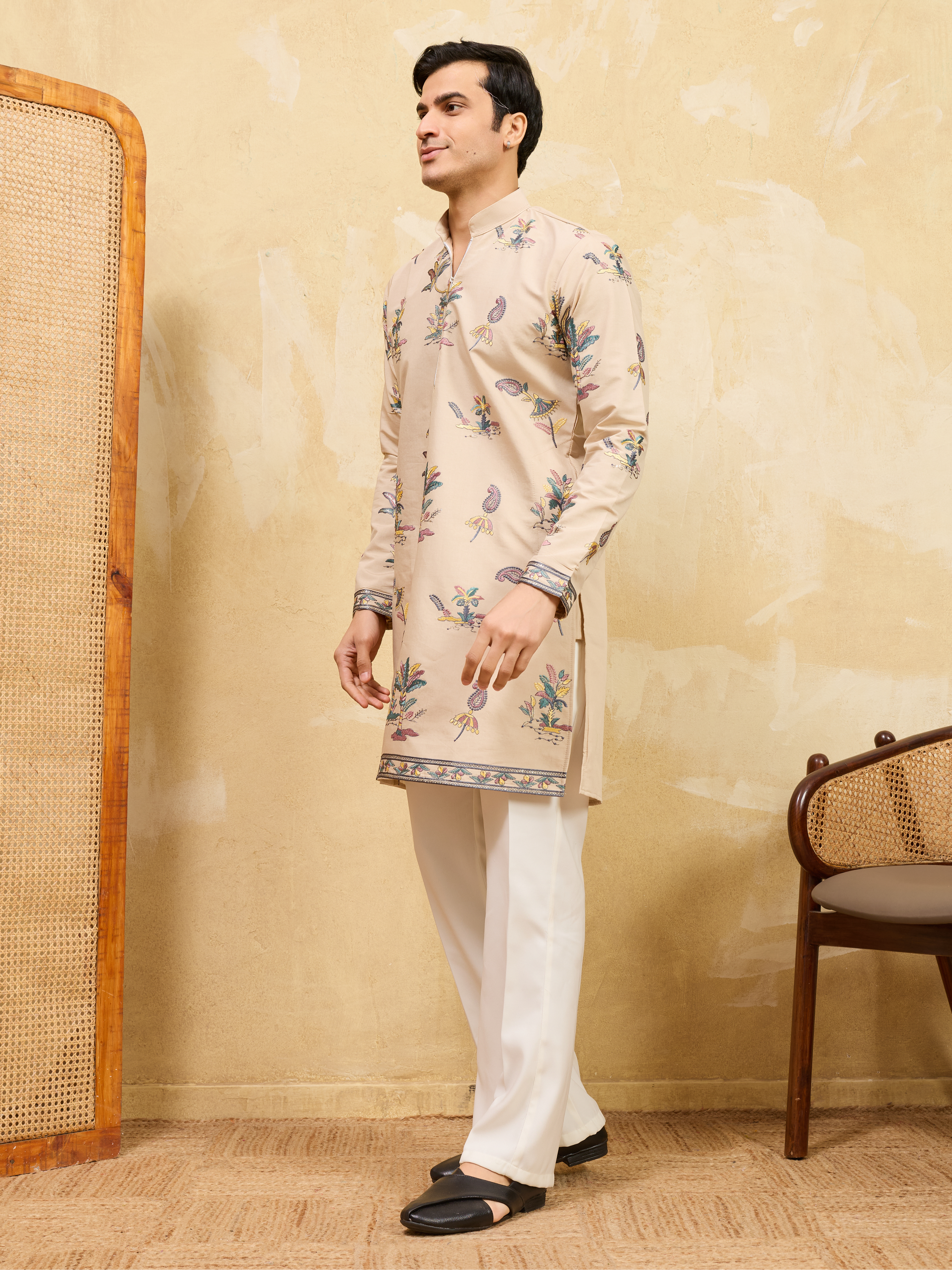 Graceful Beige Viscose Silk Kurta and Pant Set for Special Occasions