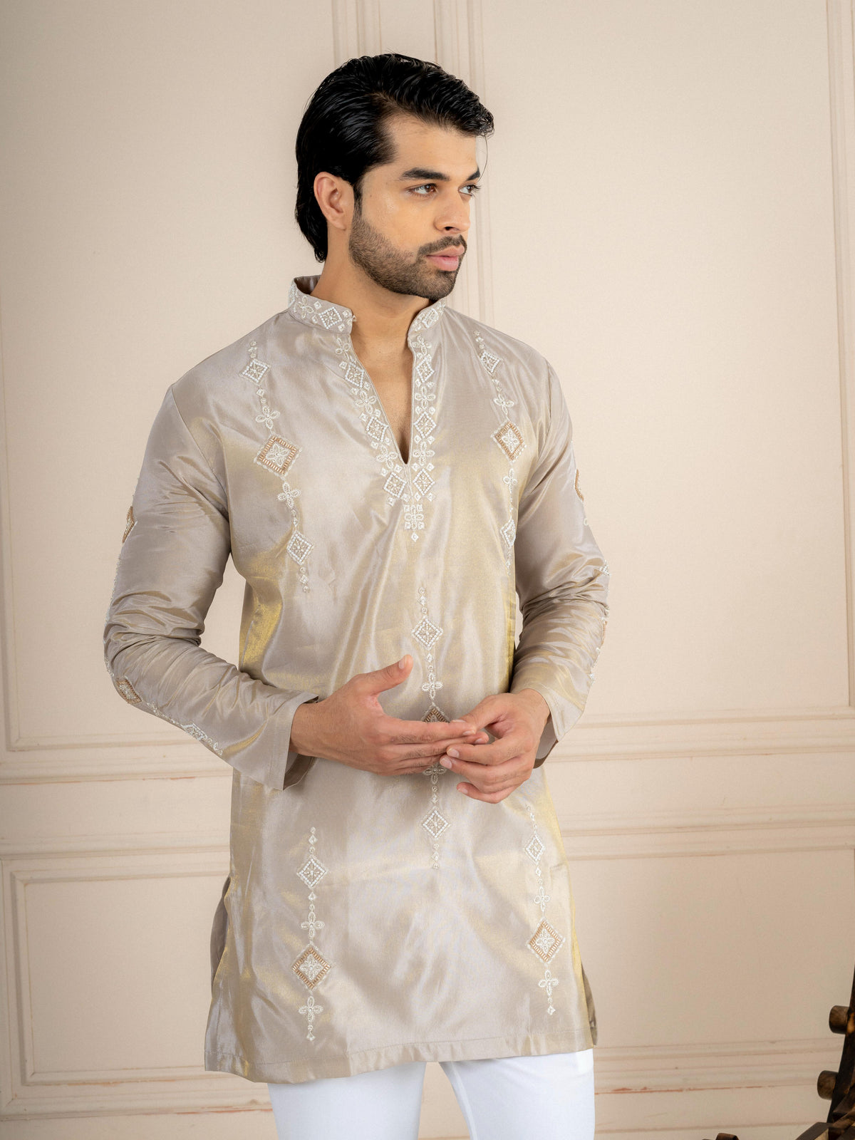 Light Beige Tissue Cutdana Kurta Set | Tulip Designer
