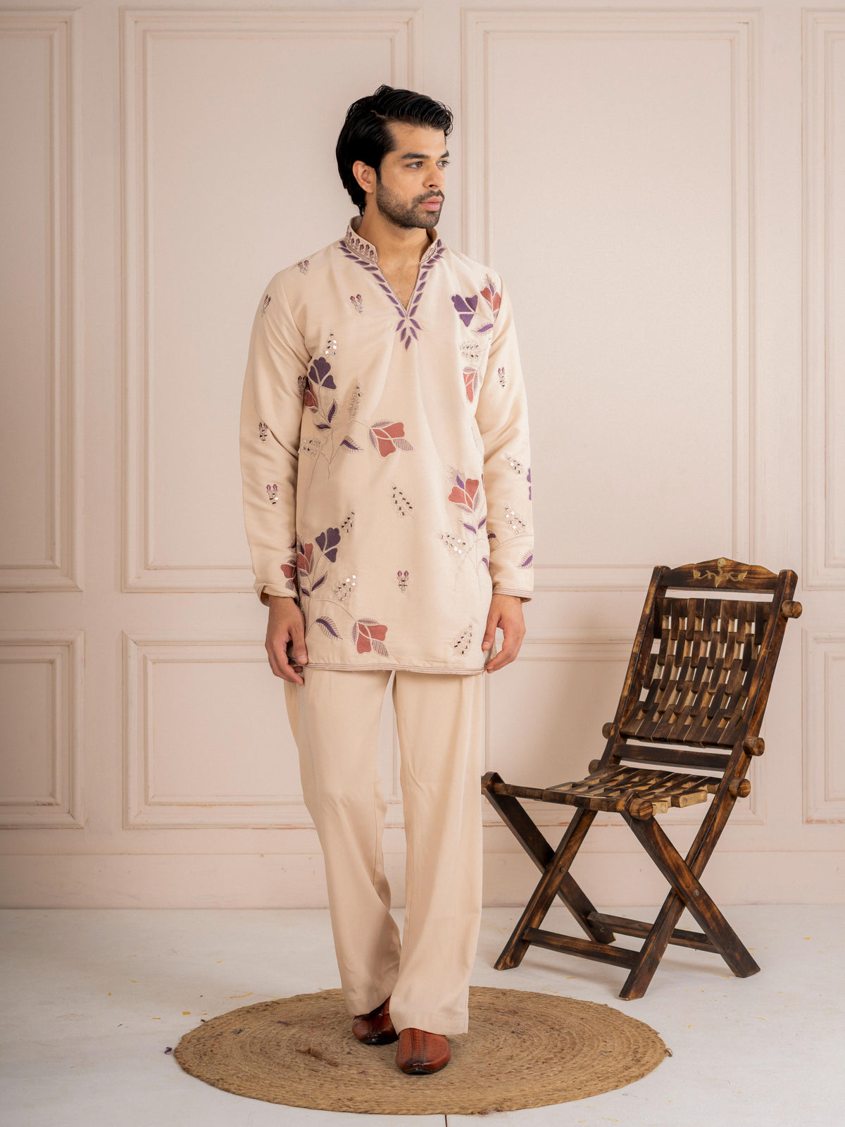 Beige V Neck Embroidered Kurta Set | Tulip Designer

