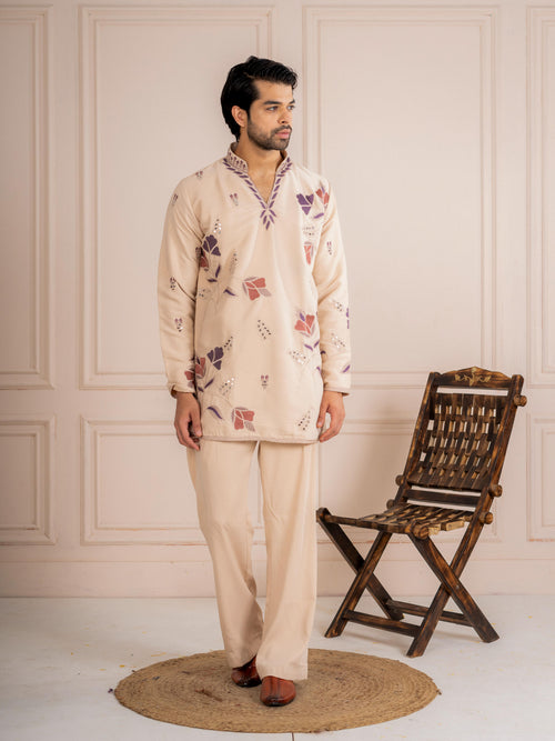 Beige V Neck Embroidered Kurta Set | Tulip Designer
