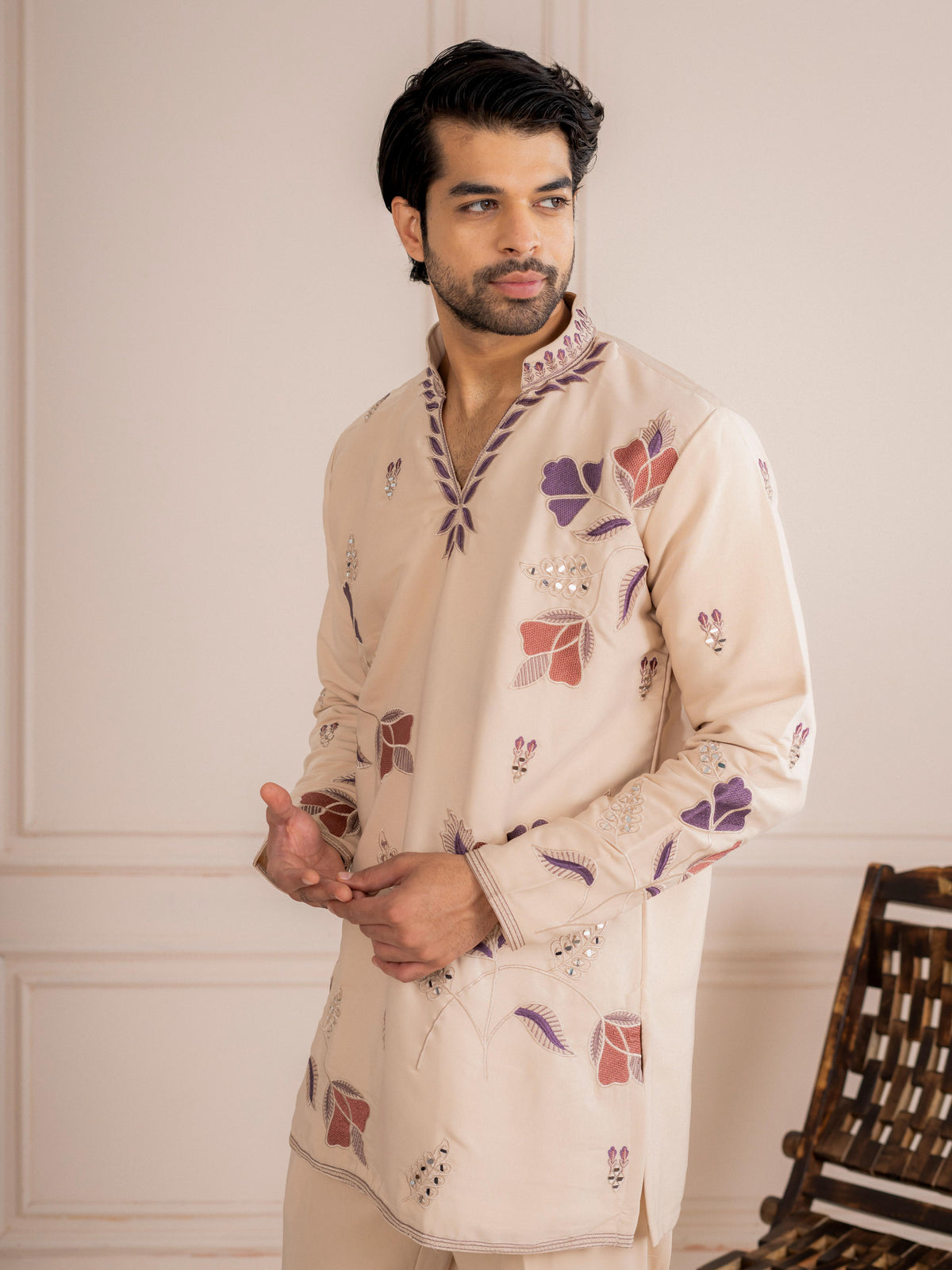 Beige V Neck Embroidered Kurta Set | Tulip Designer
