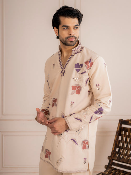 Beige V Neck Embroidered Kurta Set | Tulip Designer

