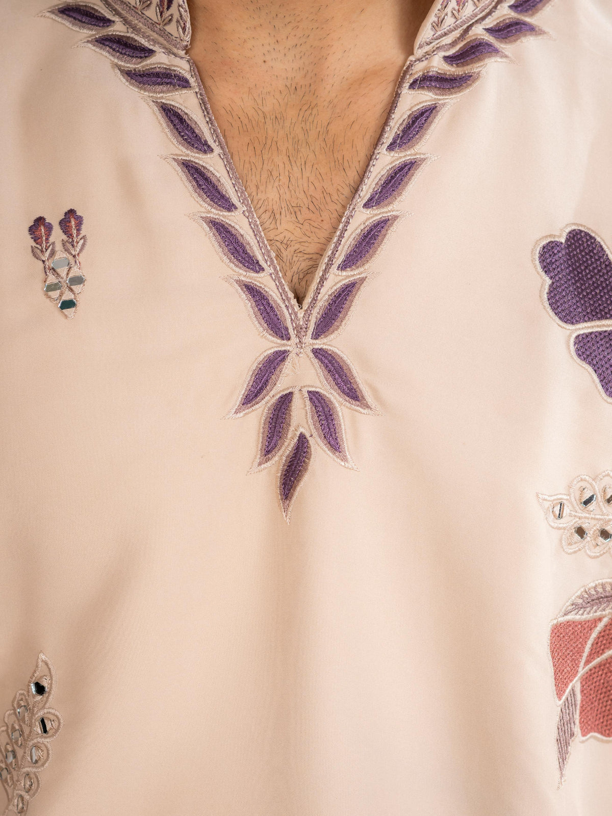 Beige V Neck Embroidered Kurta Set | Tulip Designer
