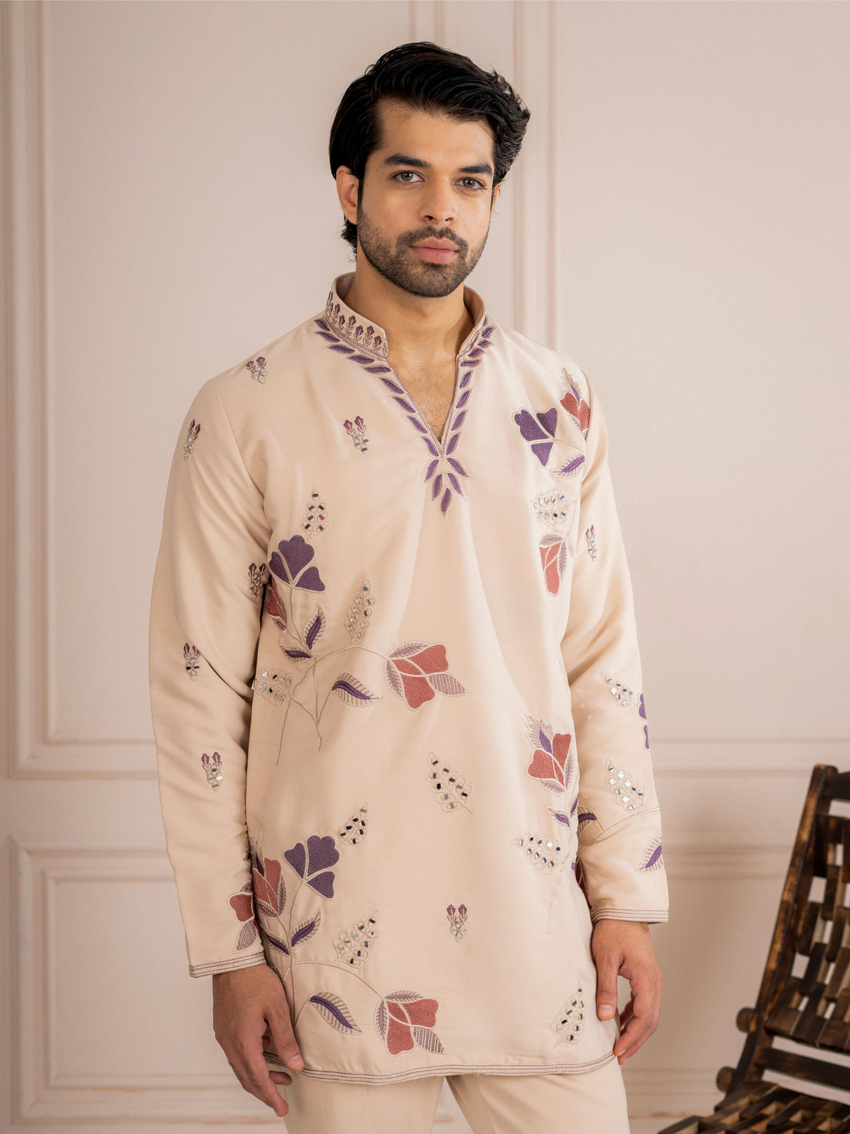 Beige V Neck Embroidered Kurta Set | Tulip Designer
