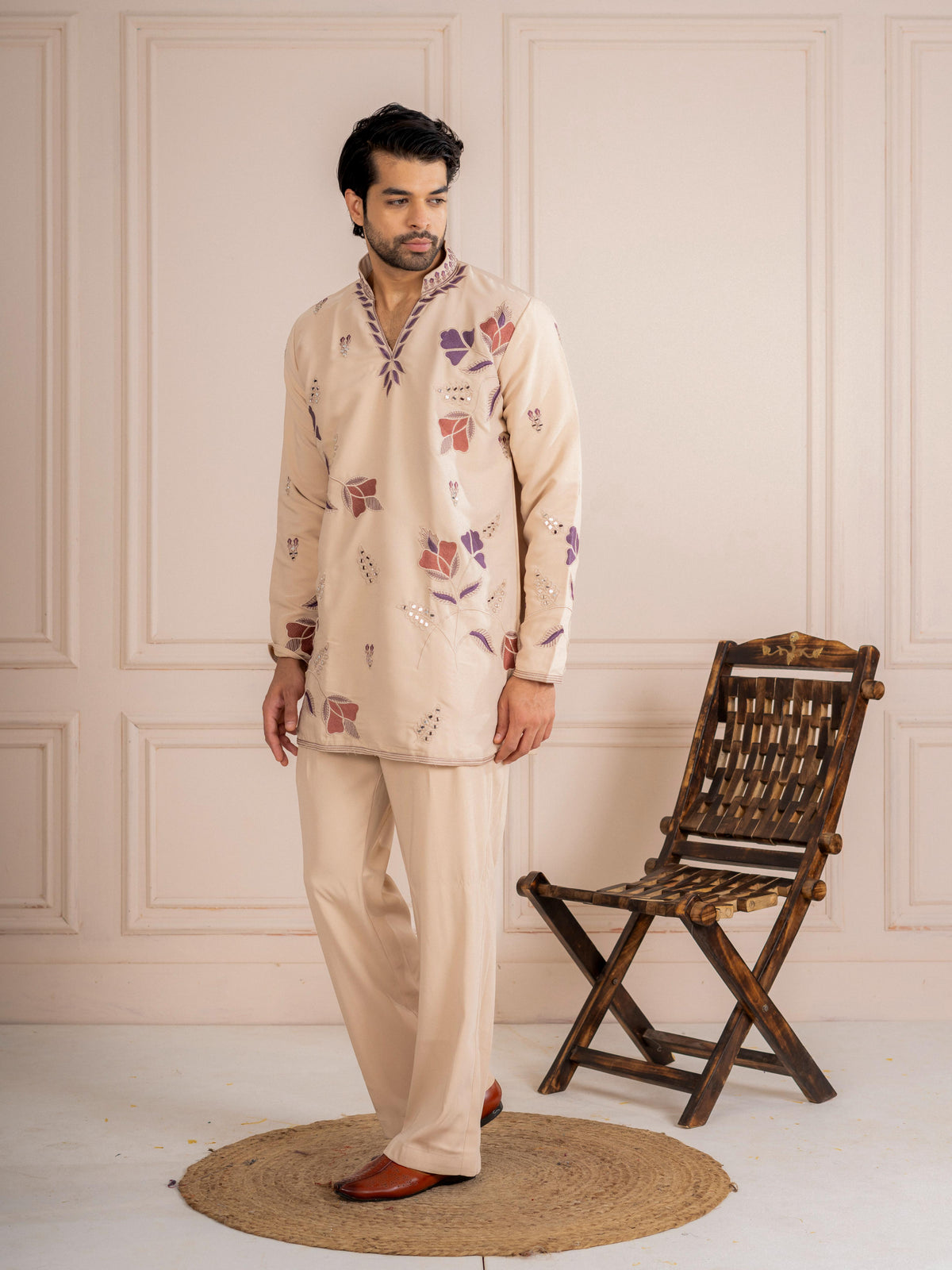 Beige V Neck Embroidered Kurta Set | Tulip Designer
