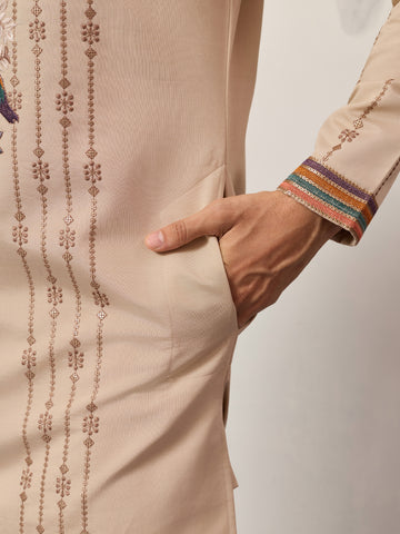 Premium Beige Embroidered V Neck Kurta Pant Set
