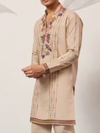 Premium Beige Embroidered V Neck Kurta Pant Set