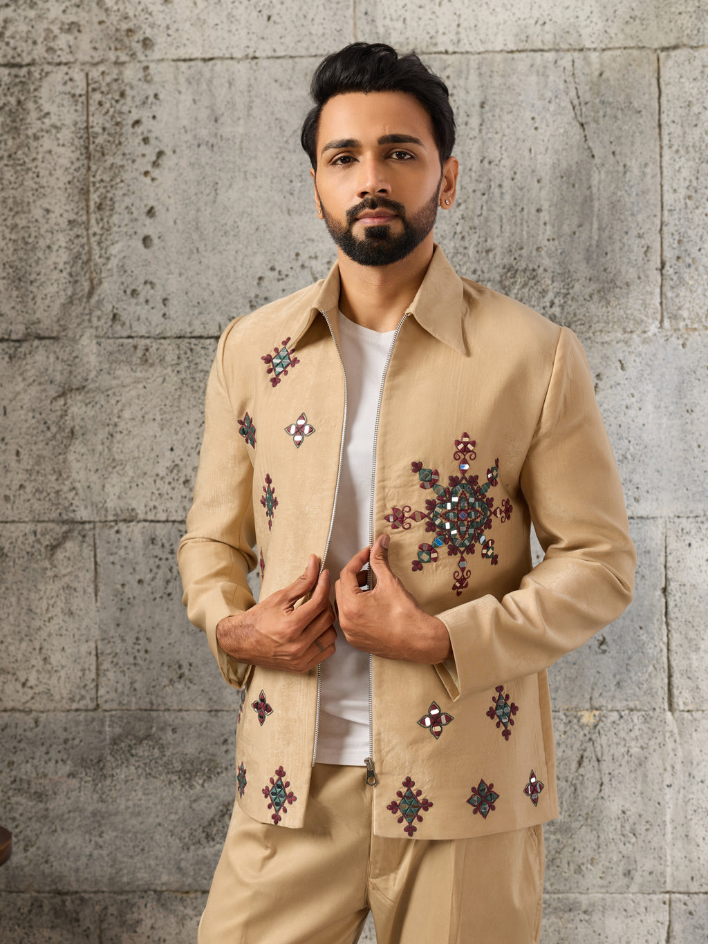 Exclusive Beige Velvet Mirror Work Bomber Jacket Set
