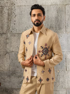 Exclusive Beige Velvet Mirror Work Bomber Jacket Set
