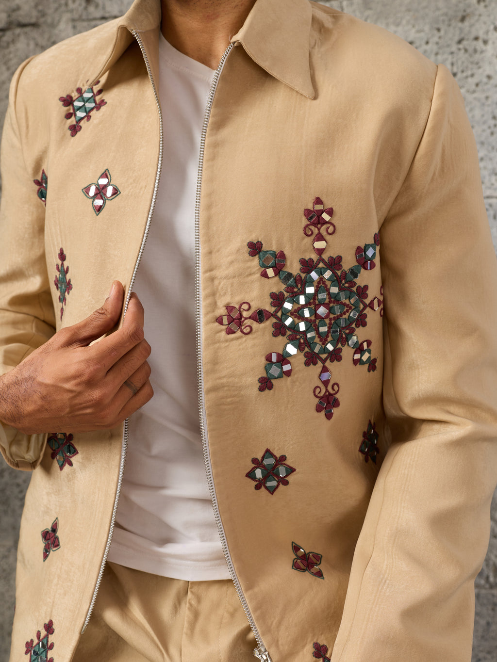 Exclusive Beige Velvet Mirror Work Bomber Jacket Set
