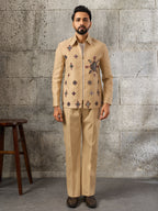 Exclusive Beige Velvet Mirror Work Bomber Jacket Set
