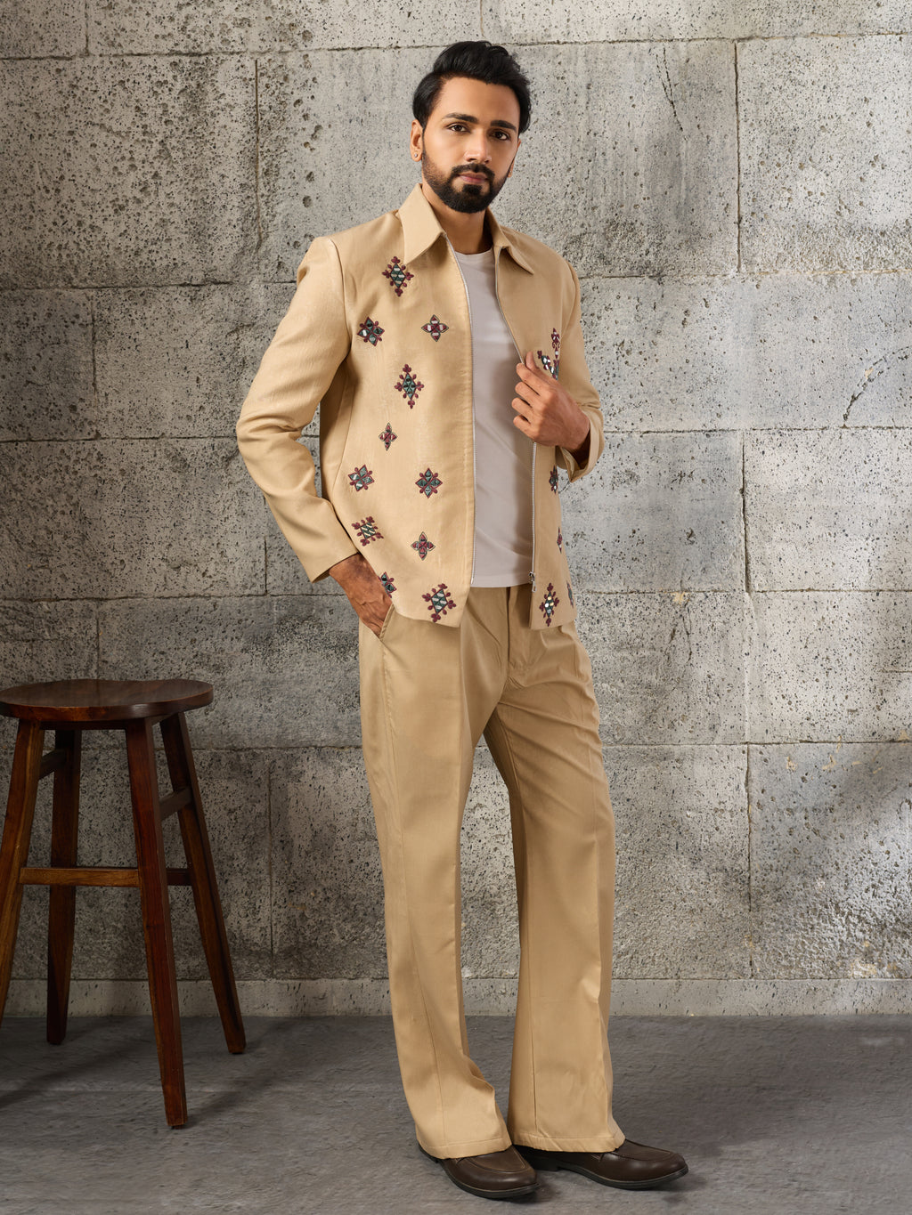 Exclusive Beige Velvet Mirror Work Bomber Jacket Set
