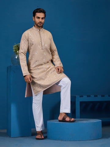 Elegant Beige Embroidered Viscose Silk Kurta for Mens