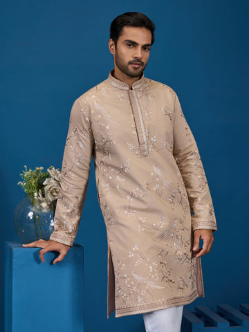 Elegant Beige Embroidered Viscose Silk Kurta for Mens