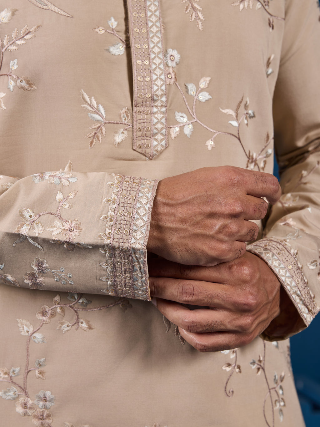 Elegant Beige Embroidered Viscose Silk Kurta for Mens