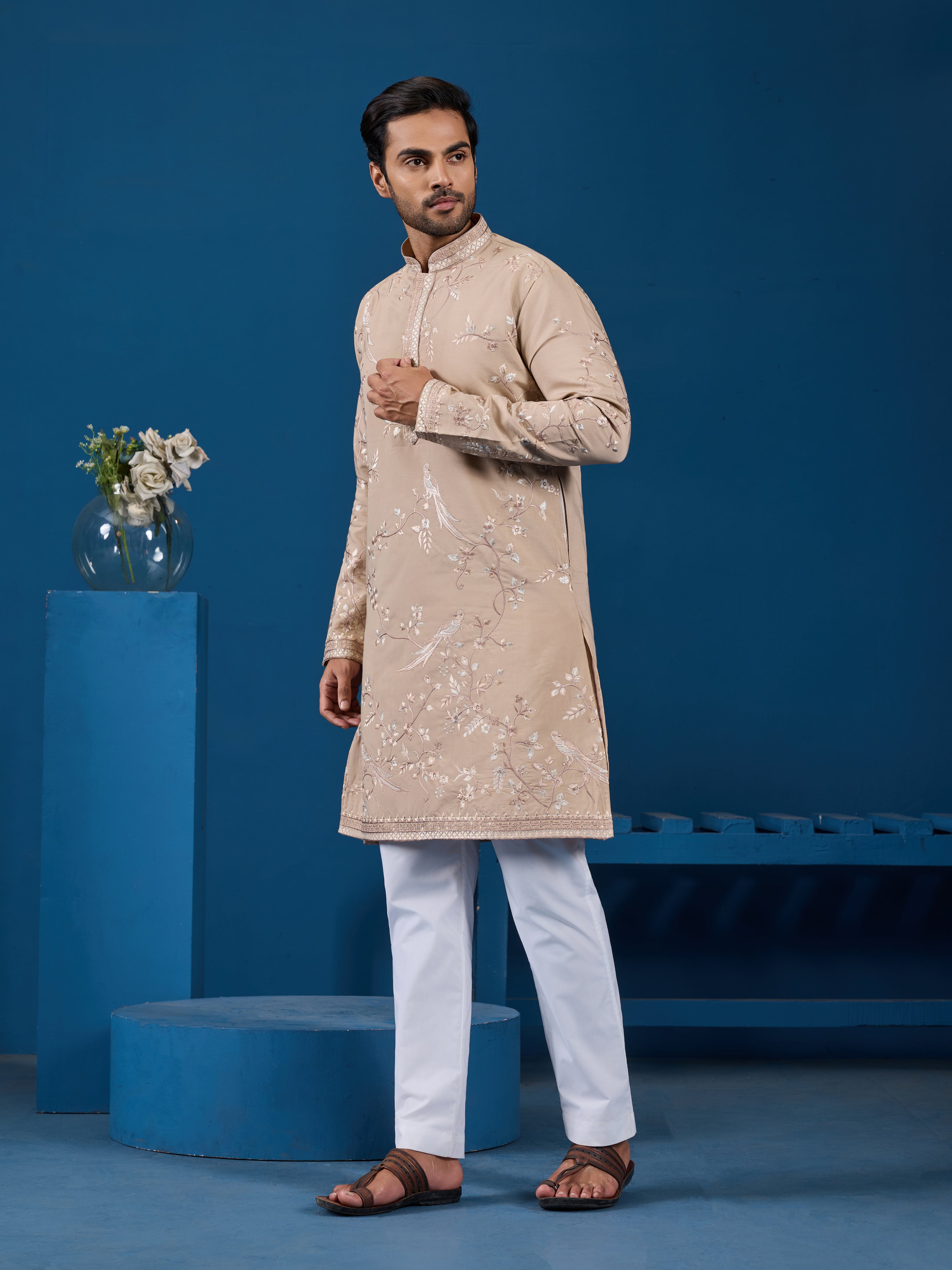 Elegant Beige Embroidered Viscose Silk Kurta for Mens