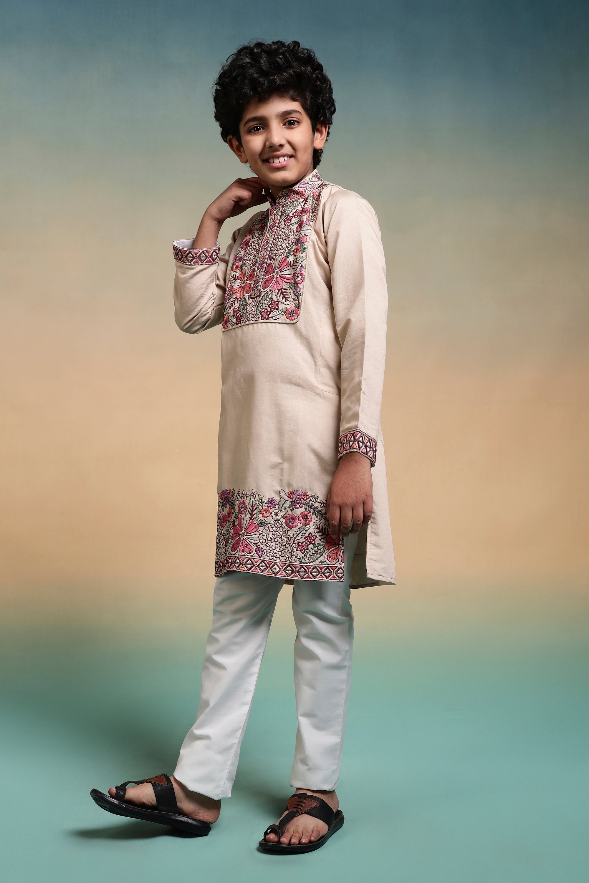Perfect Beige Viscose Silk Kurta & Pant For Festive Wear
