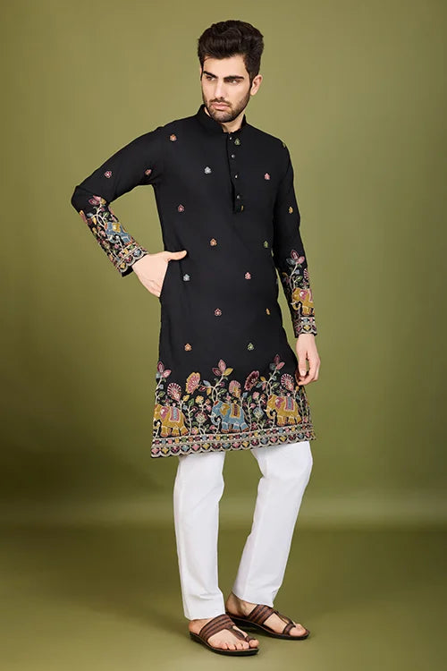 Black Color Cotton Embroidered Work Kurta for Men