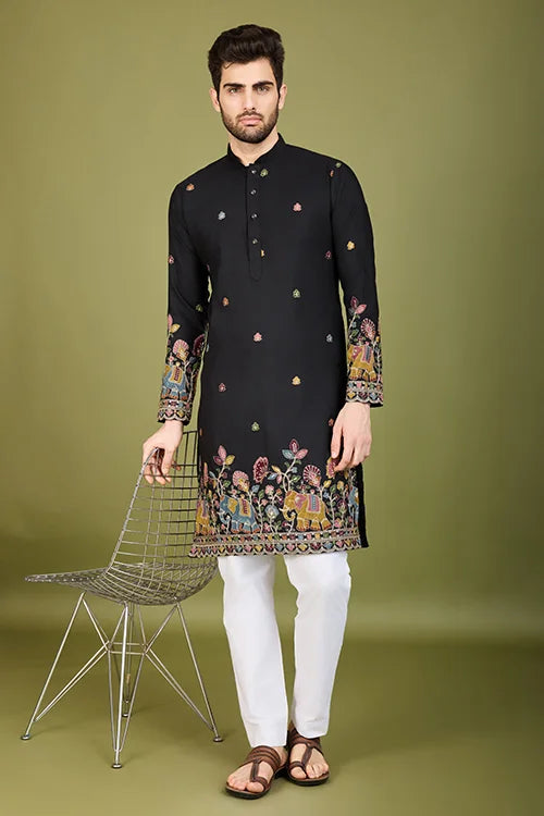 Black Color Cotton Embroidered Work Kurta for Men