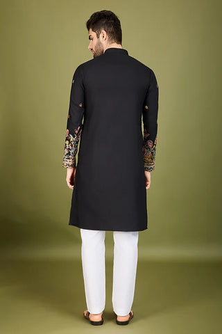 Black Color Cotton Embroidered Work Kurta for Men